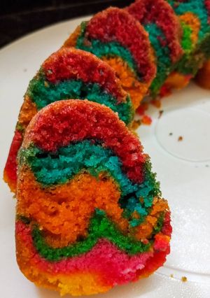 A picture of Rainbow Bundt Cake/Rainbow Cake.