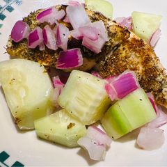 A picture of Cucumber Salad with Air Fryer Chicken.