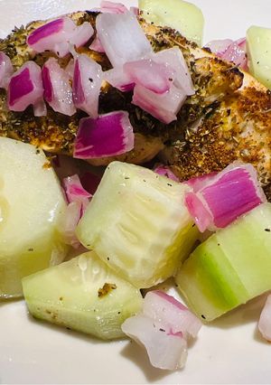 A picture of Cucumber Salad with Air Fryer Chicken.
