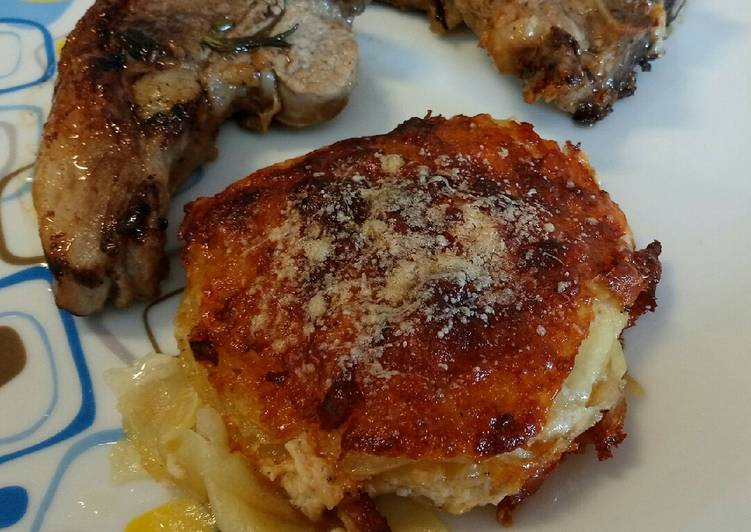 Recipe of Award-winning Parmesan and rosemary potato gratin with pan fried lamb