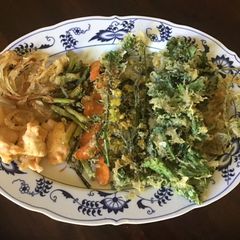 A picture of California Farm Tempura Flowers, Blossoms, Sprouts & Salmon.