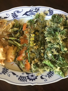 A picture of California Farm Tempura Flowers, Blossoms, Sprouts & Salmon.
