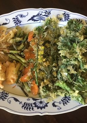 A picture of California Farm Tempura Flowers, Blossoms, Sprouts & Salmon.