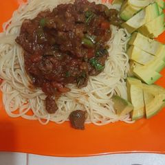 A picture of Spaghetti with beef stew.