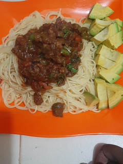 A picture of Spaghetti with beef stew.