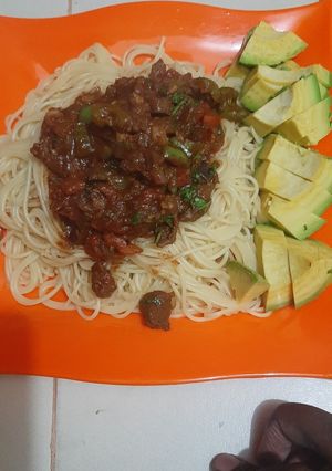 A picture of Spaghetti with beef stew.