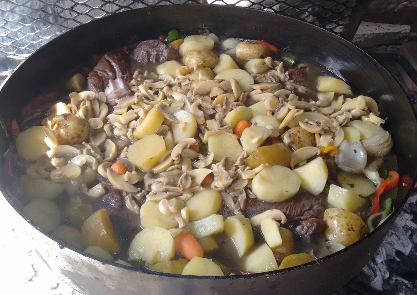 Pata de cordero al Malbec, papas, champiñones al disco