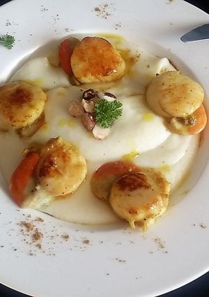 Une photo de Saint-Jacques à la crème de chou-fleur