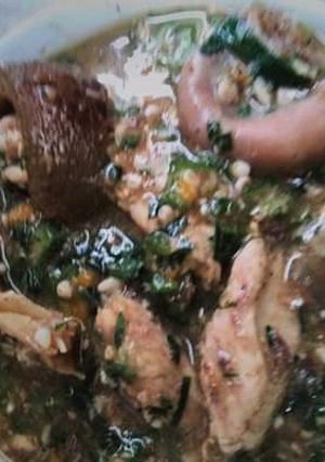A picture of Assorted Meats in Okra Pepper Soup.