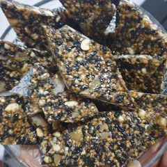 Mixed seed and coconut chikki A picture of Mixed seed and coconut chikki.