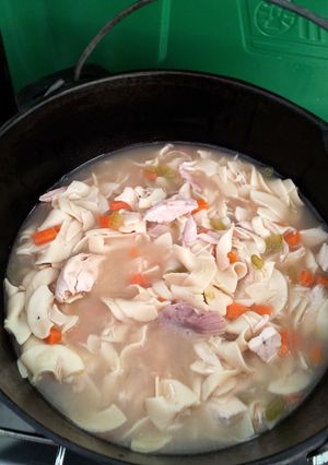 A picture of Homemade chicken noodle soup.