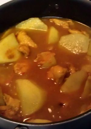 A picture of Curry Chicken and roti skin.