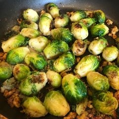 A picture of Pan fried Brussels sprouts.