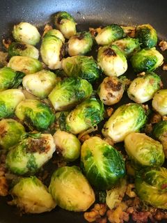 A picture of Pan fried Brussels sprouts.