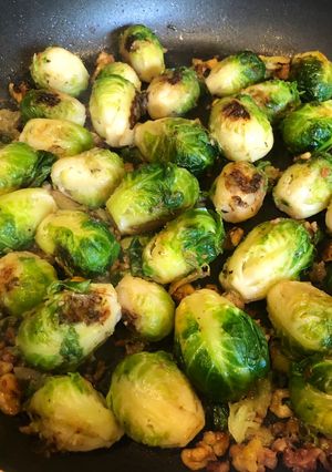 A picture of Pan fried Brussels sprouts.