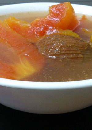 A picture of Papaya And Pumpkin In Pork And Chicken Soup.