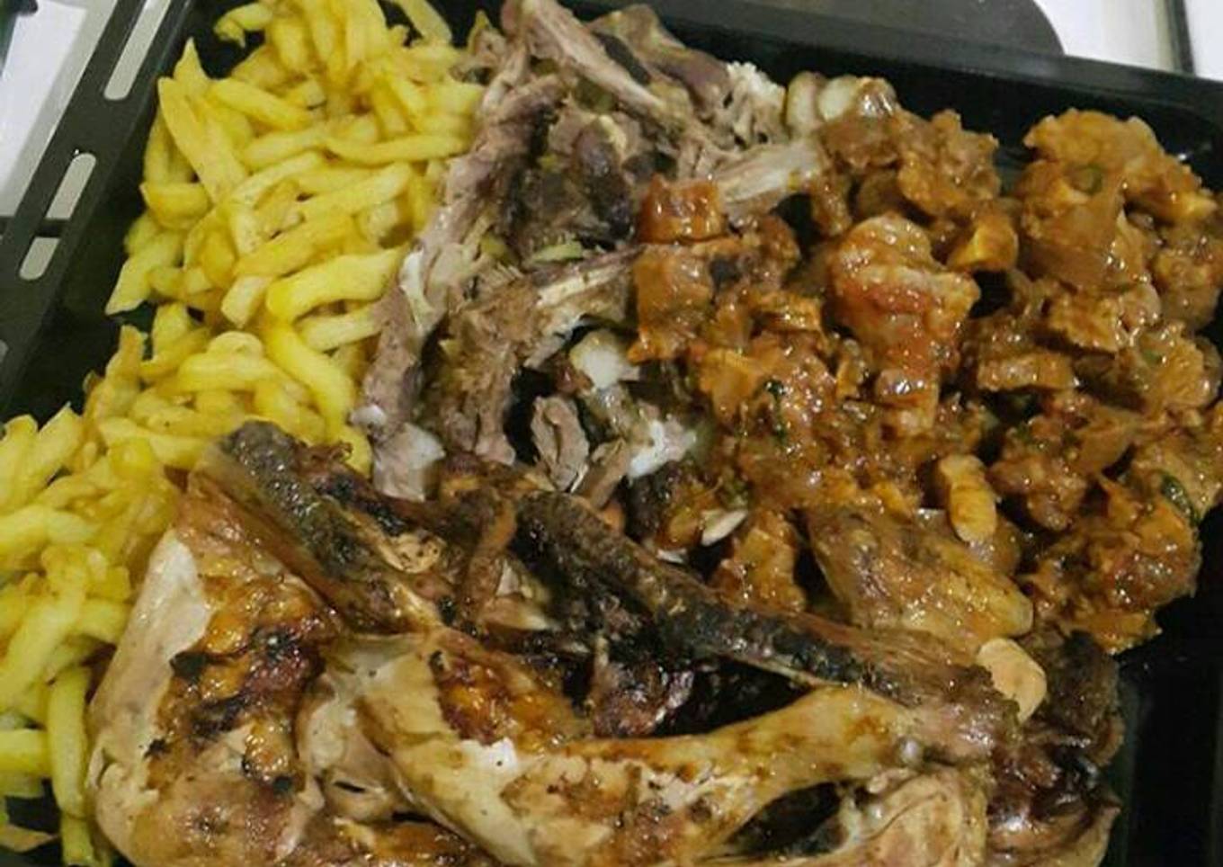 Fries with grilled matton and wet fried beef