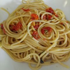 A picture of Spaghetti with fresh cooked tomatoes and fresh herbs.