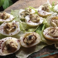 A picture of Devilled eggs with a sprinkling of sumac.