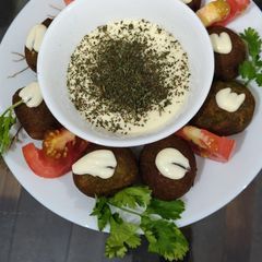 A picture of Falafel with cheese sauce.