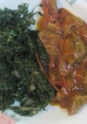 A picture of Wet fried mutton with Kales.