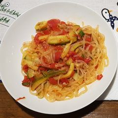 A picture of Pasta Shirataki with zucchini sauce.