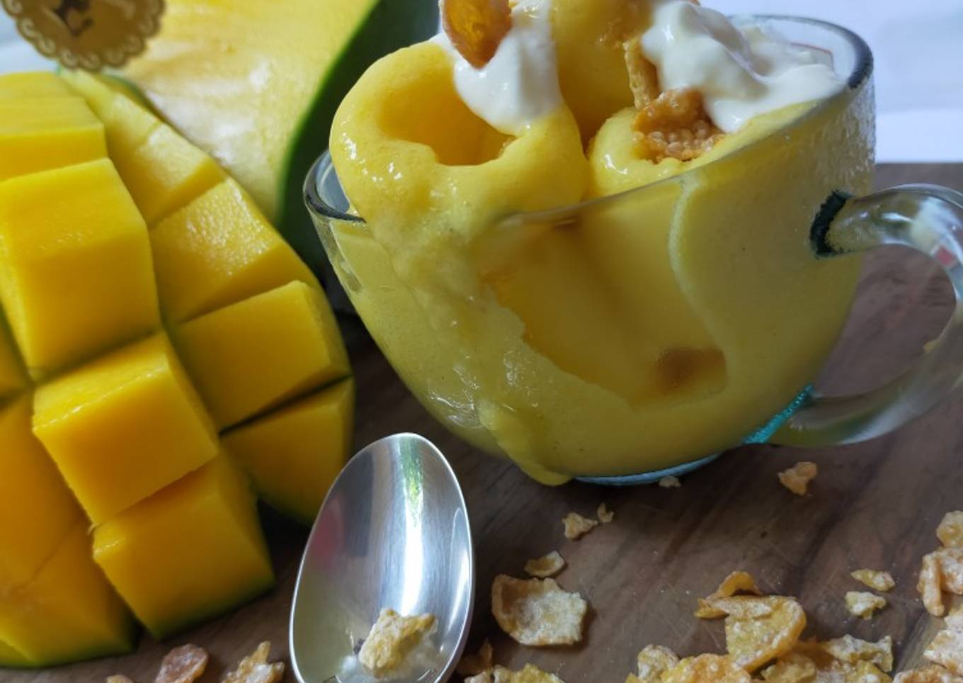 Mango Sorbet Greek Yogurt with Corn Flakes