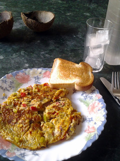 A picture of omlette and onions.