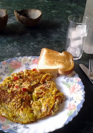 A picture of omlette and onions.