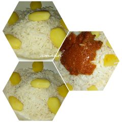 A picture of White rice with irish potatoes.