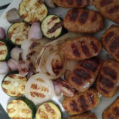 A picture of Spicy Italian Sausages with Grilled Vegetables.