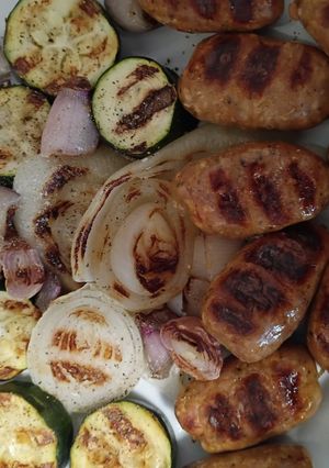 A picture of Spicy Italian Sausages with Grilled Vegetables.