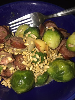 A picture of Easy Kielbasa, Apple and Brussels Sprout supper.