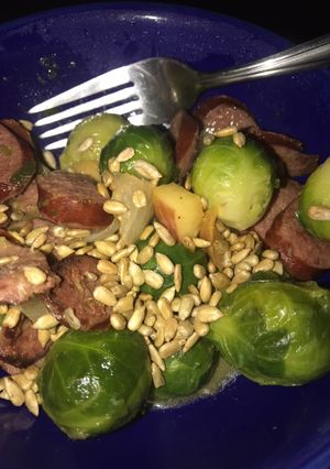 A picture of Easy Kielbasa, Apple and Brussels Sprout supper.