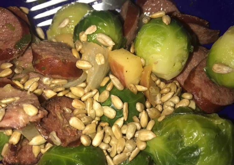 Simple Way to Make Perfect Easy Kielbasa, Apple and Brussels Sprout supper