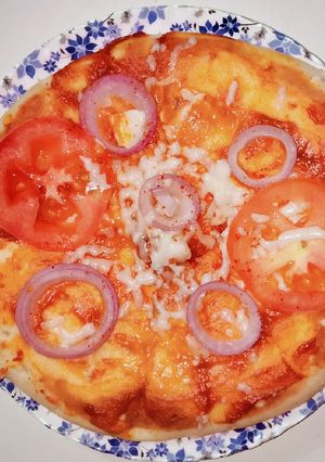 A picture of Tomato onion pizza.
