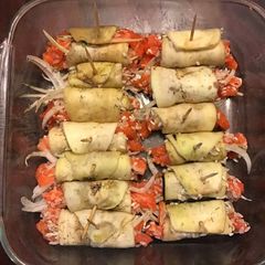 A picture of California Farm Aubergine Skin Salmon Rolls.
