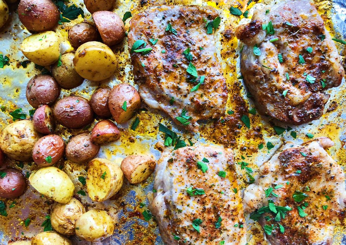 Dinner on a plate with pork and potatoes