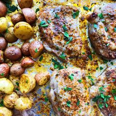 A picture of Ranch Pork Chops and Potatoes Sheet Pan Dinner.