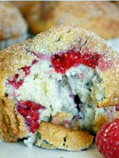 A picture of raspberry white cocolate muffins.