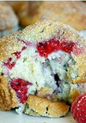 A picture of raspberry white cocolate muffins.
