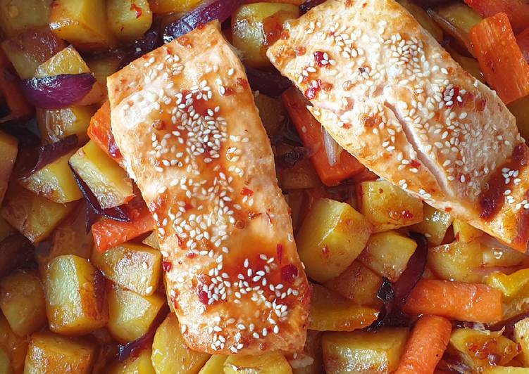 Steps to Make Ultimate Sweet chili salmon tray bake