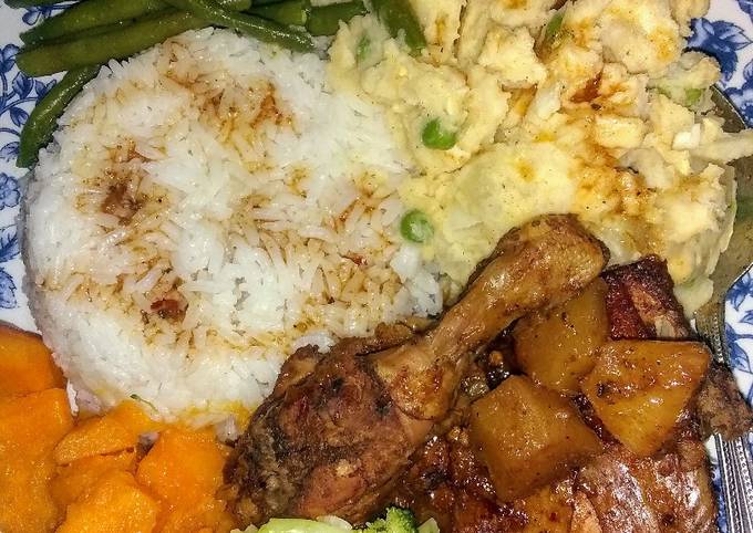 Simple Way to Prepare Favorite Homestyle chicken, mashed potatoes, candied yams and veggies