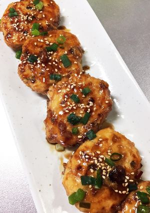 A picture of Fluffy Teriyaki Chicken and Tofu Patties.