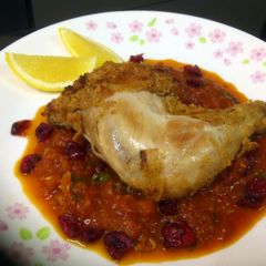 Fried Chicken With Cranberry Tomato Beer Sauce A picture of Fried Chicken With Cranberry Tomato Beer Sauce.