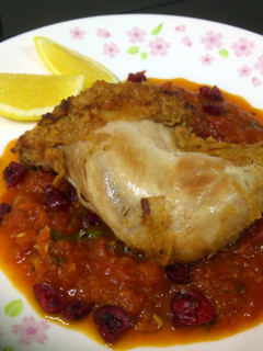 A picture of Fried Chicken With Cranberry Tomato Beer Sauce.