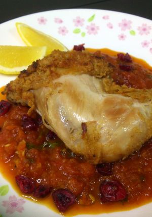 A picture of Fried Chicken With Cranberry Tomato Beer Sauce.