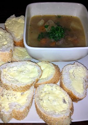 A picture of Diced steak and veg soup.