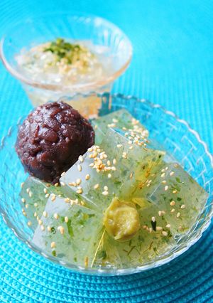A picture of ❁Kanten with Aonori Soy Sauce and Anmitsu❁.