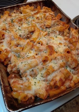 A picture of Baked Rigatoni and Meatballs.